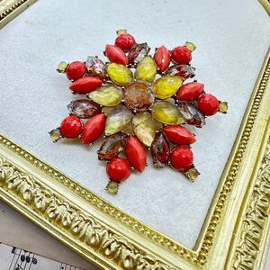 Vintage Liz Claiborne Large Flower Brooch Floral Pin Orange Rhinestone